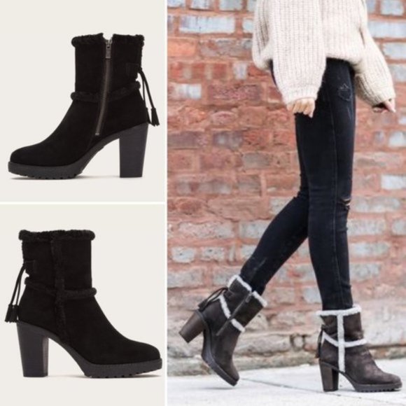 $479 Frye Jen Shearling Fur Beige/Tan Short Real Suede Heeled Zip Up AnkleBootie - Picture 7 of 16